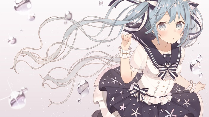 anime girls, wind, twintails, Hatsune Miku, Vocaloid, ribbon, water drops, anime, simple background, long hair