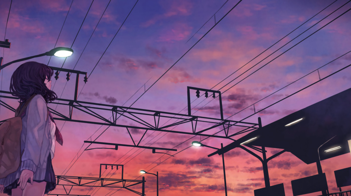 original characters, train station, anime girls, clouds