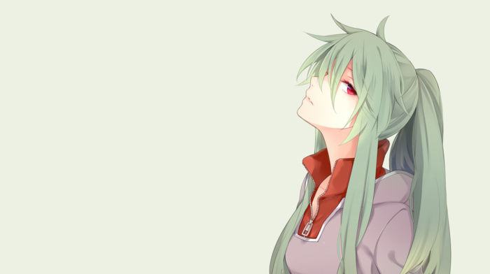 ponytail, Kagerou Project, anime girls, long hair, simple background, Kido Tsubomi, green hair, red eyes, anime