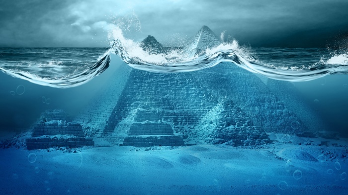 water, photo manipulation, apocalyptic, sea, pyramid, Pyramids of Giza, horizon, clouds, underwater, waves, digital art, blue, artwork, bubbles