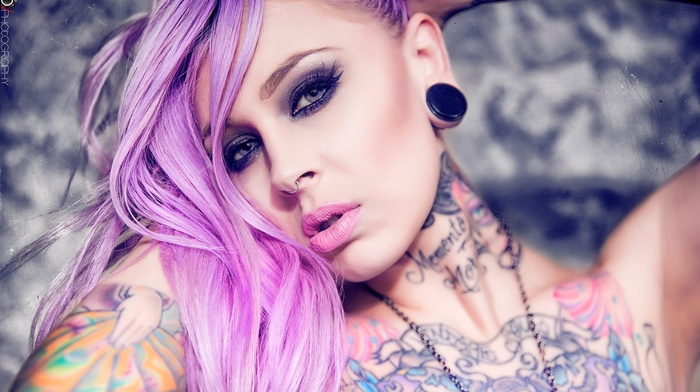 dyed hair, nose rings, tattoo, hands on head, portrait, Emily DearHeart, sensual gaze, looking at viewer, girl, eyeliner, face, open mouth, pink hair
