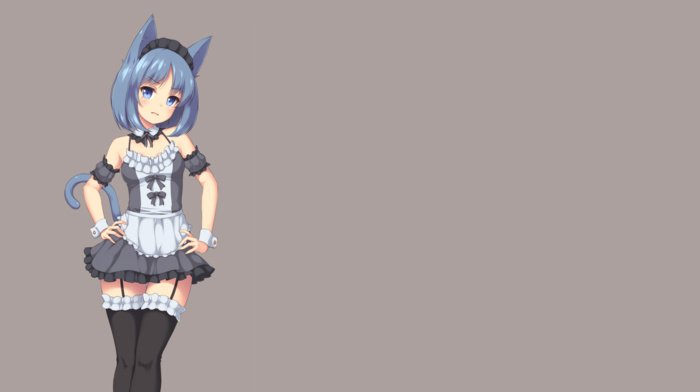 anime, frills, short hair, thigh, highs, blue hair, maid outfit, anime girls, skirt, maid, nekomimi, animal ears, simple background, original characters, tail