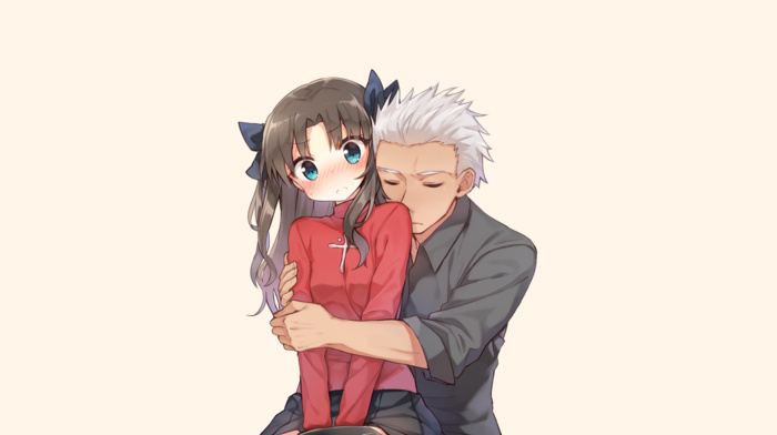 hugging, ribbon, twintails, simple background, Archer FateStay Night, Tohsaka Rin, fate series, anime, blushing, anime girls