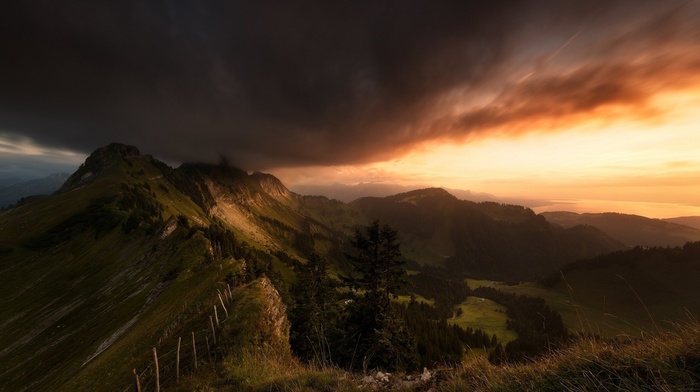 Switzerland, landscape, mountain, fence, grass, sunset, nature, valley, trees, clouds, sky