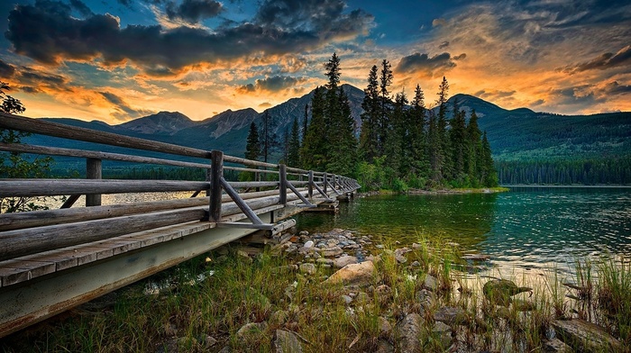 landscape, clouds, island, mountain, sunset, bridge, Jasper National Park, nature, sky, Canada, lake, trees, summer