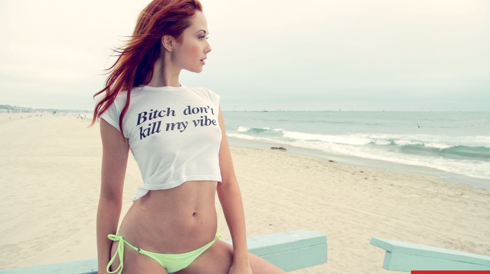 nipples, bikini, girl, sea, beach, looking away, sand, redhead