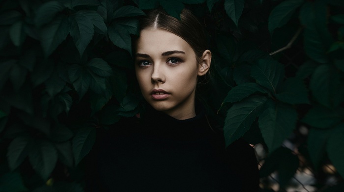 girl, leaves, face, portrait