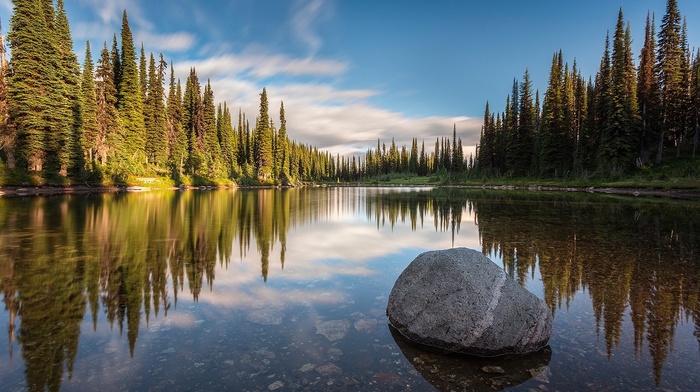 sunset, water, forest, lake, nature, reflection, calm, British Columbia, Canada, landscape, trees