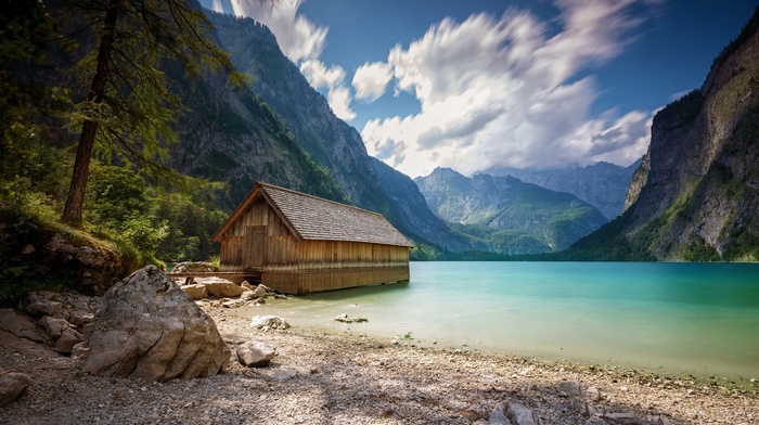 landscape, lake, Alps, beach, nature, trees, boathouses, summer, mountain, clouds