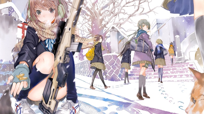 original characters, anime girls, artwork, machine gun, gun, anime, cat, Fuyuno Haruaki, snow