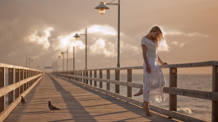 barefoot, white dress, blonde, model, girl, seagulls, pier