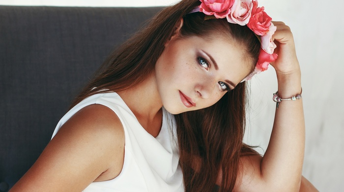 freckles, girl, hazel eyes, brunette, white tops, model, Anastasia Lis