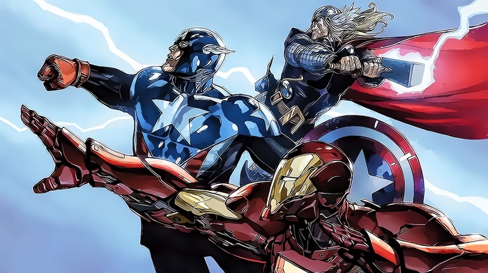 Captain America, Iron Man, Marvel Comics, lightning, superhero, Thor