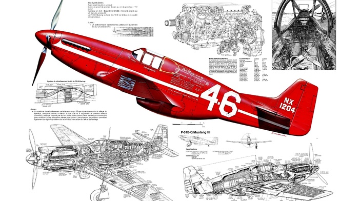 airplane, sketches, cockpit, digital art, North American P, 51 Mustang