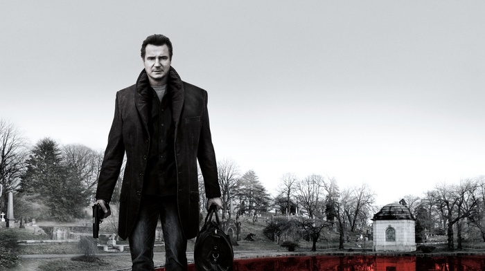Liam Neeson, actor, celebrity, A Walk Among the Tombstones, selective coloring, trees, movie poster, gun, hill, water, movies, cemetery, nature, grave, men