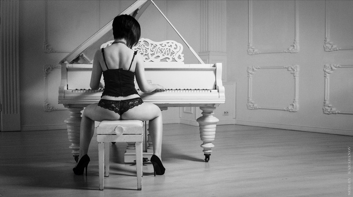 corsets, brunette, long hair, model, lingerie, ass, sitting, panties, stiletto, high heels, music, spread legs, chair, bare shoulders, monochrome, black heels, curvy girl, piano, rear view, playing, girl