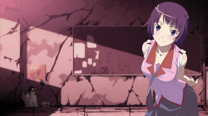 short hair, anime girls, anime, purple hair, monogatari series, Senjougahara Hitagi, school uniform