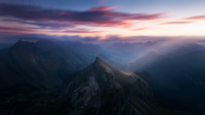 Switzerland, mountain, Alps, clouds, sunrise, valley, sunlight, sun rays, nature, morning, mist, landscape
