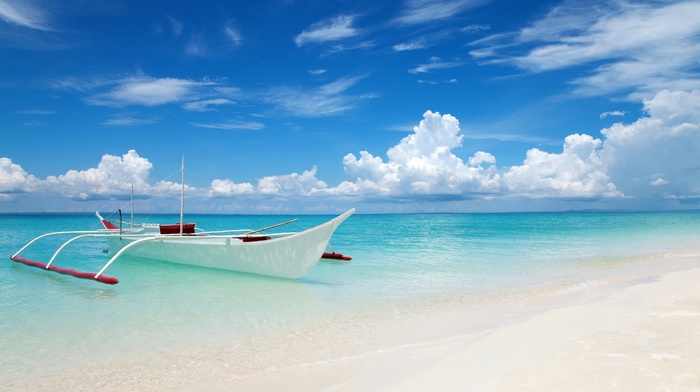 clouds, blue, boat, nature, water, sand, tropical, sky, turquoise, beach, white, landscape, summer, sea, Thailand