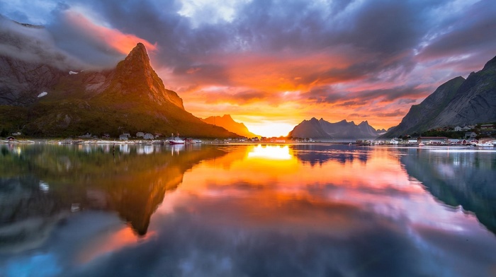 reflection, water, village, sky, landscape, sunset, Norway, summer, nature, clouds, mountain, sea, Sun, fjord, island, midnight