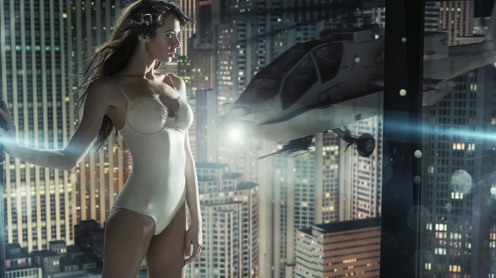 girl, brunette, white lingerie, bodysuit, helicopters