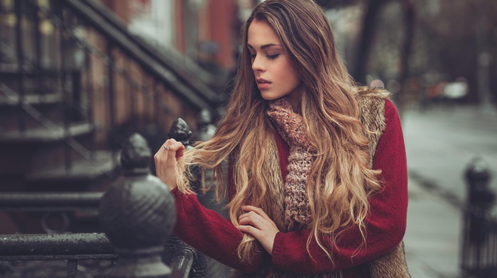 girl outdoors, model, blonde, scarf, sweater, girl