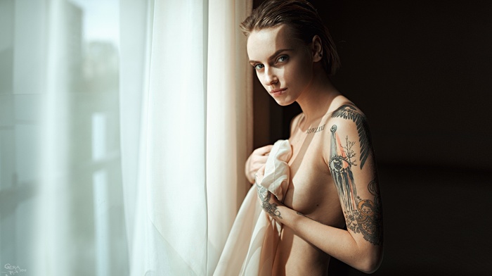nude, blue eyes, model, girl, tattoo, short hair, sideboob, Georgiy Chernyadyev, window, Nadya Margai, topless, strategic covering