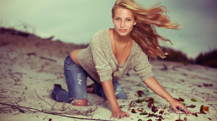 blonde, jeans, model, girl, necks, sand