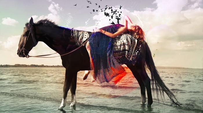 horse, digital art, model, girl