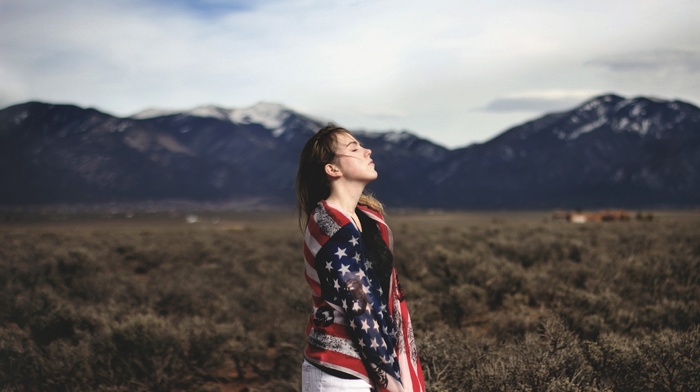 girl outdoors, american flag, mountain, girl, nature, photography