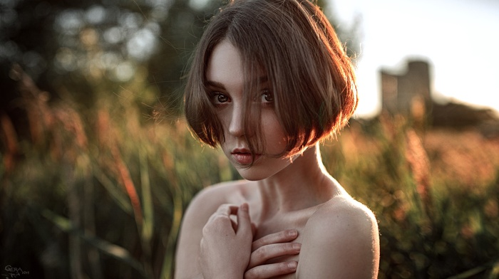 model, Georgiy Chernyadyev, hair in face, bare shoulders, depth of field, looking at viewer, blue eyes, open mouth, girl outdoors, sunset, short hair, girl