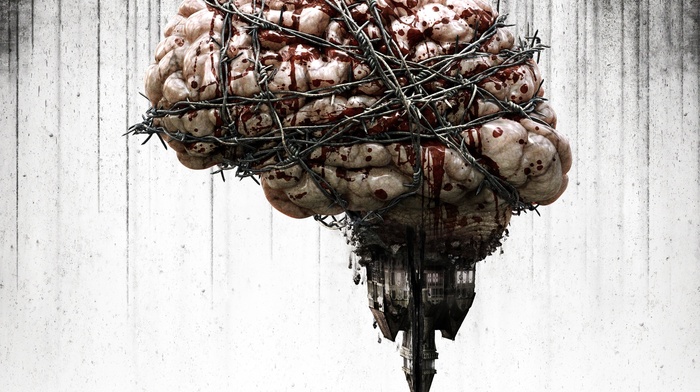 house, digital art, simple background, rock, The Evil Within, upside down, blood, video games, old building, barbed wire