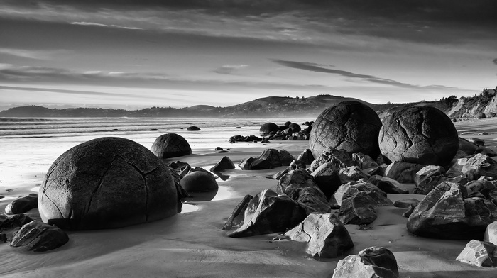water, beach, waves, coast, landscape, hill, sea, New Zealand, rock, sand, trees, monochrome, clouds, nature