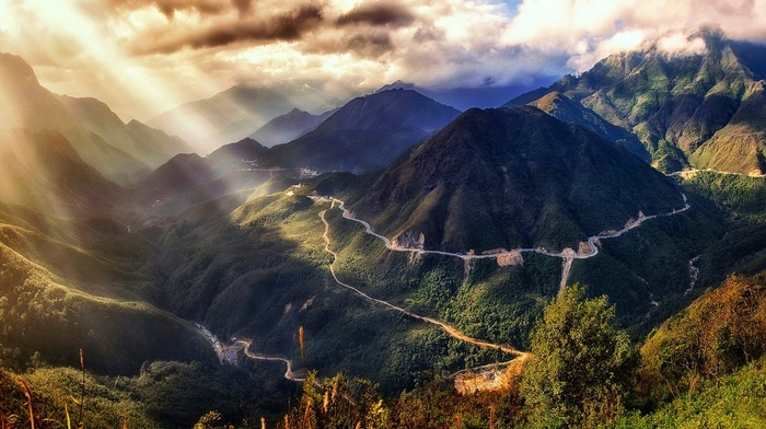 mountain, road, sun rays, valley, sunset, sky, Vietnam, shrubs, landscape, nature, clouds