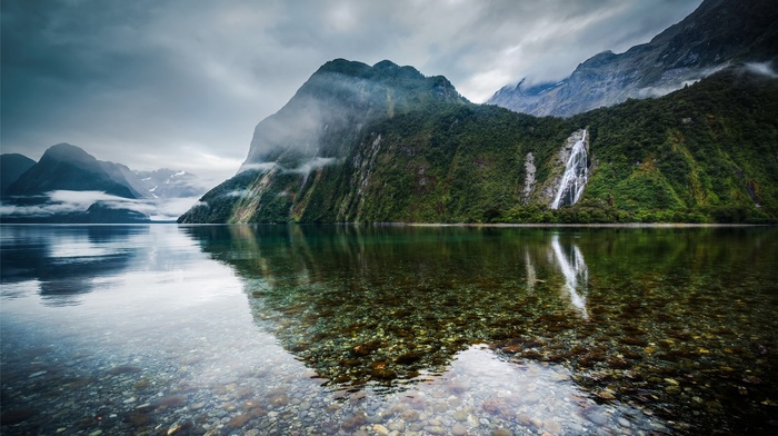 mist, lake, landscape, mountain, reflection, water, nature, morning, New Zealand, clouds