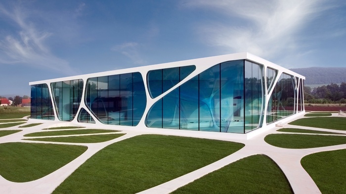 modern, glass, architecture, path, reflection, building, Germany, Leonardo Glass Cube, Europe, grass