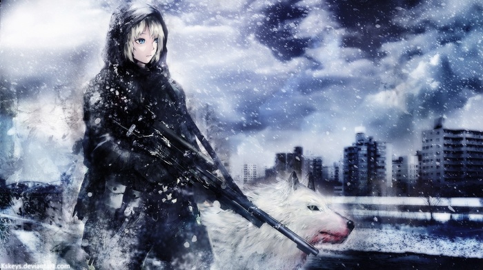 soldier, original characters, gun, snow, wolf