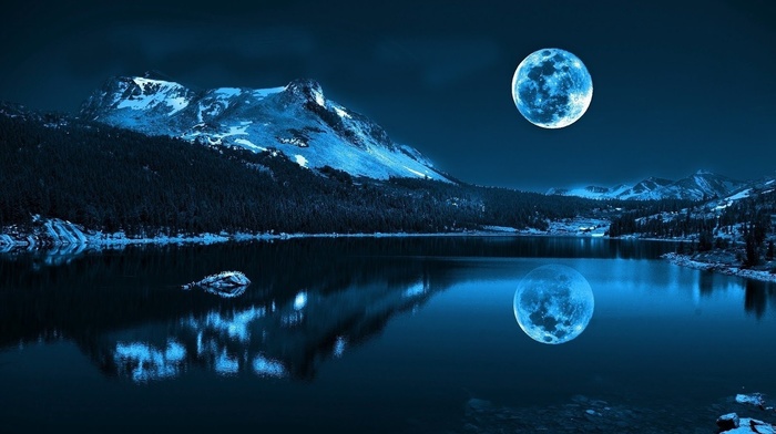 calm, blue, moon, reflection, lake, mountain