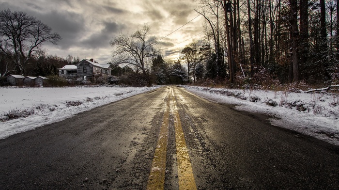road, trees, snow, winter, house, building, overcast