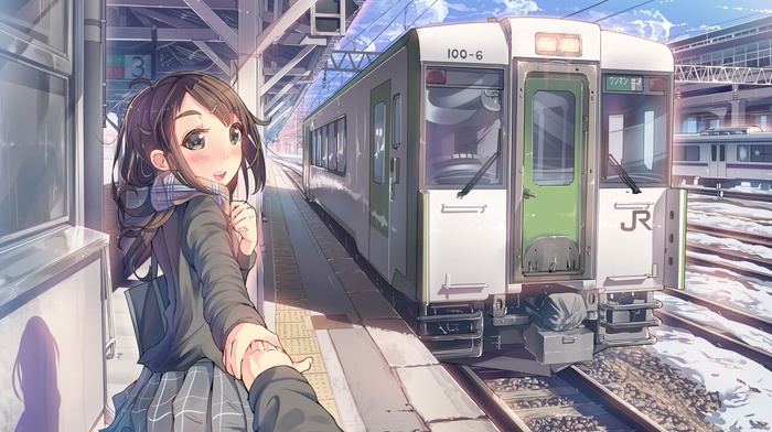 train station, original characters, scarf, anime girls, train, anime, artwork