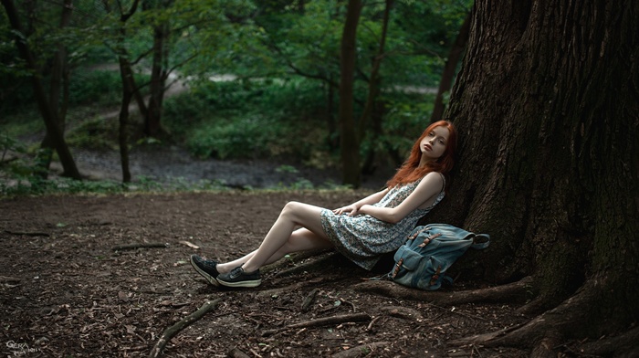 depth of field, girl, nature, trees, girl outdoors, redhead, legs, dress, Georgiy Chernyadyev