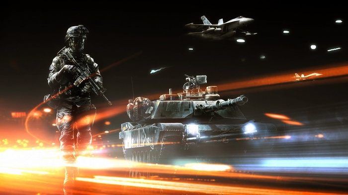 artwork, Battlefield 3, tank, jet fighter, video games, soldier, light trails