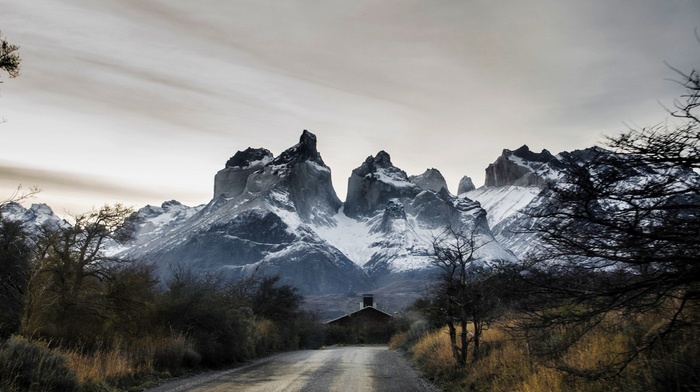 Chile, mountain, Torres del Paine, shrubs, snowy peak, trees, landscape, house, road, nature