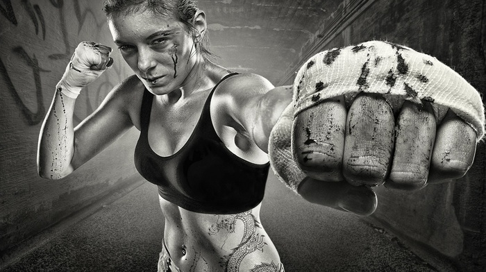 fists, girl, fighting, monochrome, wounds, boxing, urban