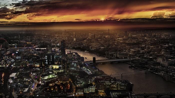 London, cityscape, sunset, river, sky