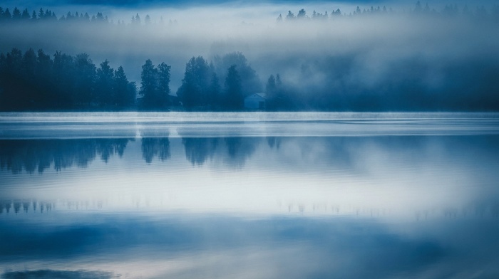 blue, nature, water, reflection, landscape, morning, Finland, lake, forest, sunrise, mist