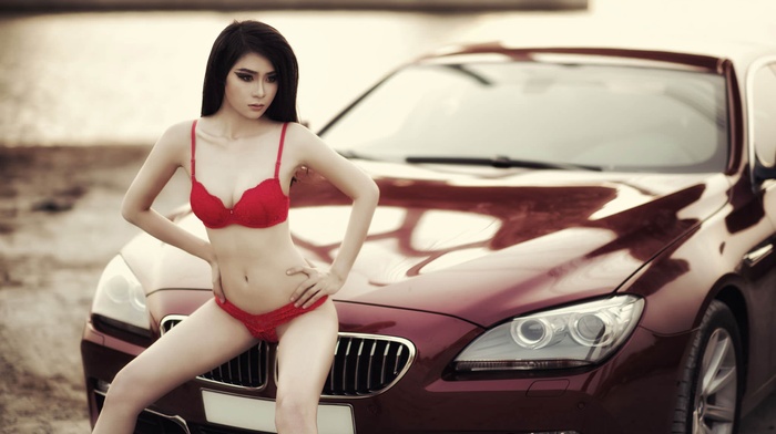 car, BMW, red lingerie, Asian, girl, sitting