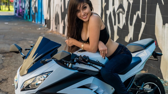 jeans, girl, sitting, black tops