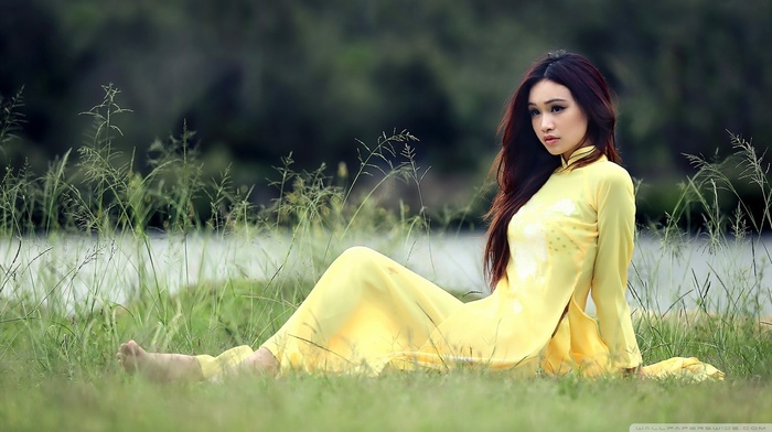 long hair, barefoot, girl outdoors, Asian, yellow dress, girl