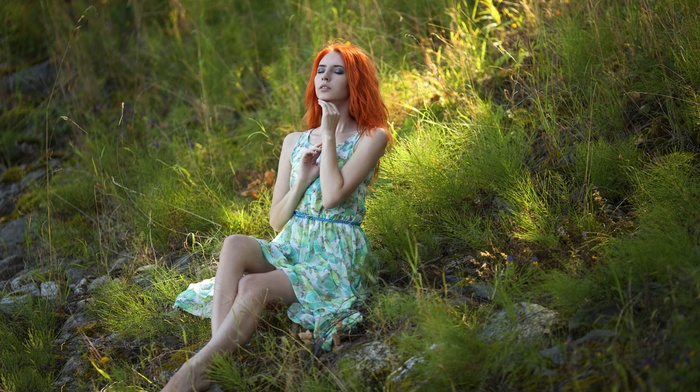 girl outdoors, dress, closed eyes, redhead, girl